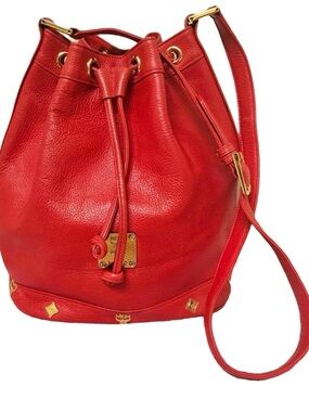 MCM Red Pebbled Leather Drawstring Bucket Bag